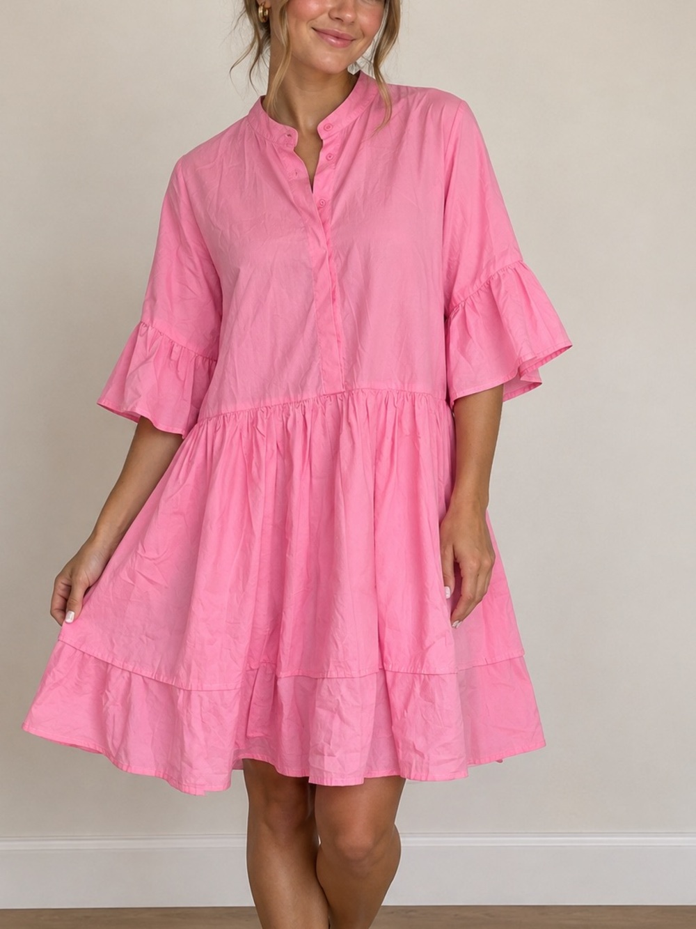 Lalavon Relaxed Hot Pink Tiered Swing Mini Dress Size Small nwt